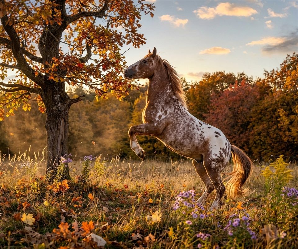 A brown-and-white spotted horse rearing in long grass and wildflowers beside a tree in autumn colours, fallen leaves on the ground