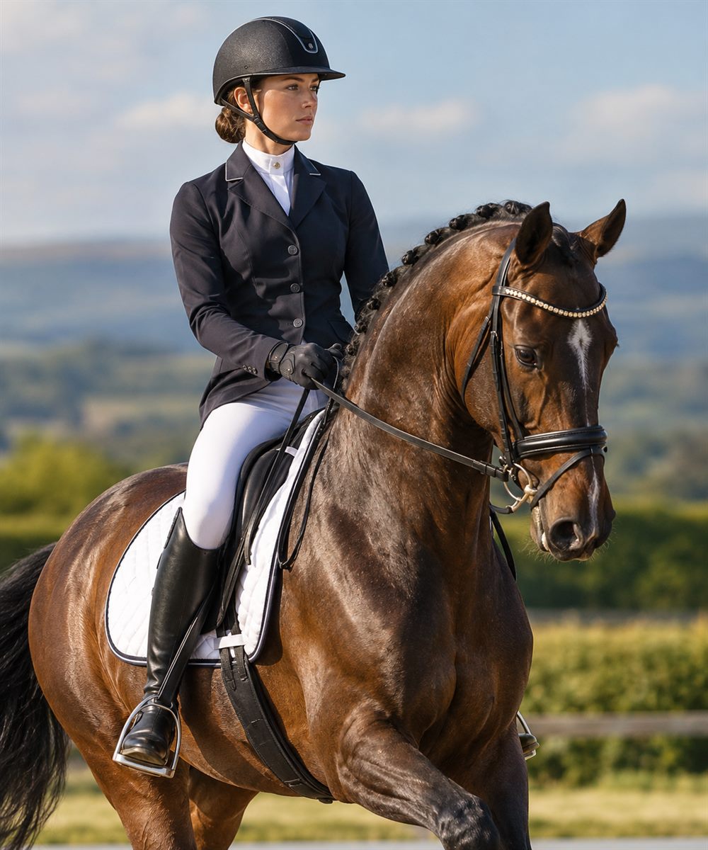 A dressage rider in a navy jacket and white breeches on a bay horse with a plaited mane