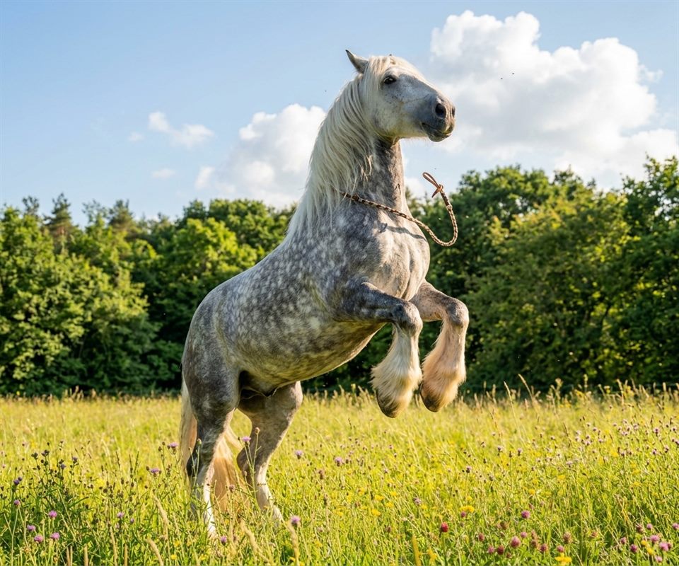 A dapple-grey horse with feathered legs rearing in a sunny meadow of long grass and wildflowers, a rope around its neck